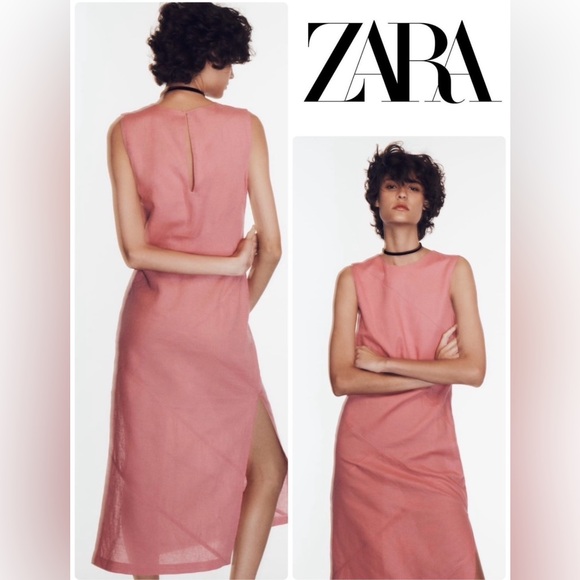 Zara Dresses & Skirts - NWT Zara Pink Linen Blend Midi Dress Sz Small Side Slits Boho Chic